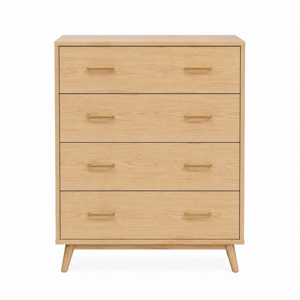 Commode haute 4 tiroirs chêne clair en MDF plaqué chêne rectangulaire 90 x 45 x 120 cm