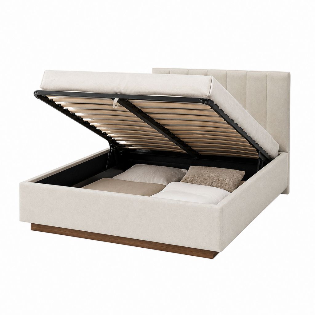 Lit coffre 160 x 200 cm beige en polyester avec sommier à lattes et tête de lit capitonnée