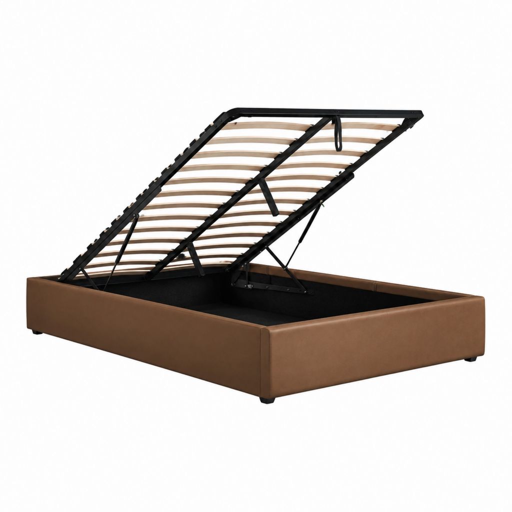 Lit coffre double marron en similicuir PU rectangulaire 160 x 200 cm
