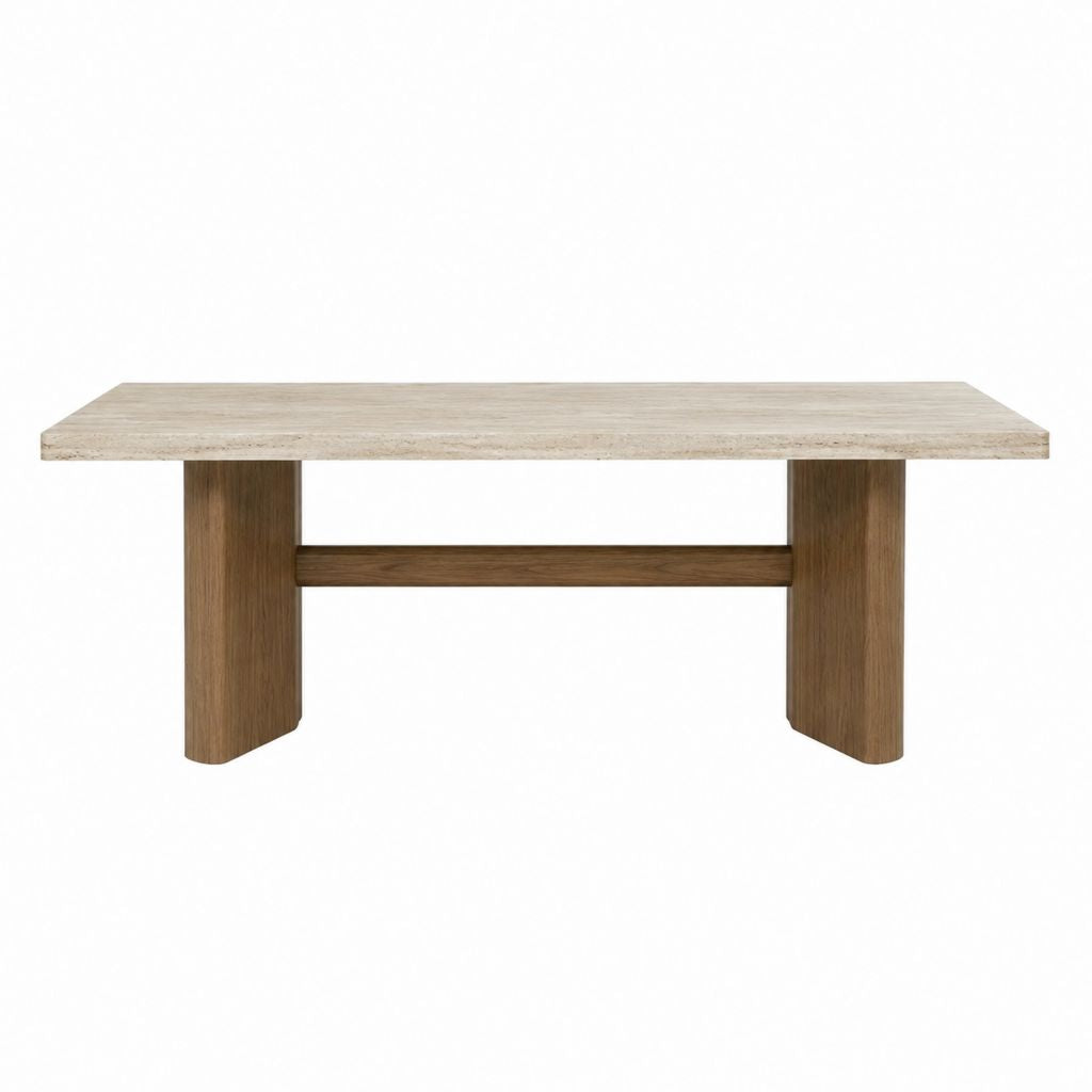 Table de jardin rectangulaire beige en pierre frittée et bois d'acacia 220 x 100 x 75 cm