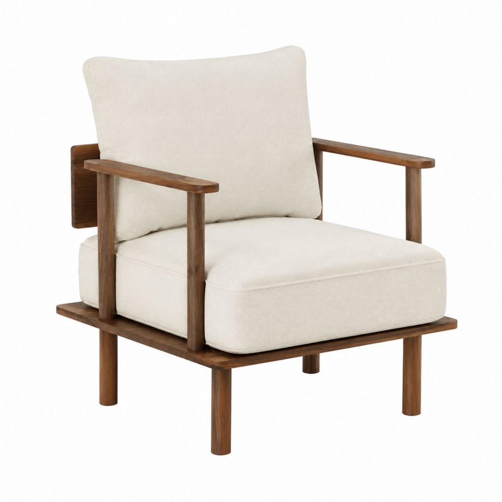 Fauteuil de salon beige en polyester et noyer massif 75 x 70 x 80 cm