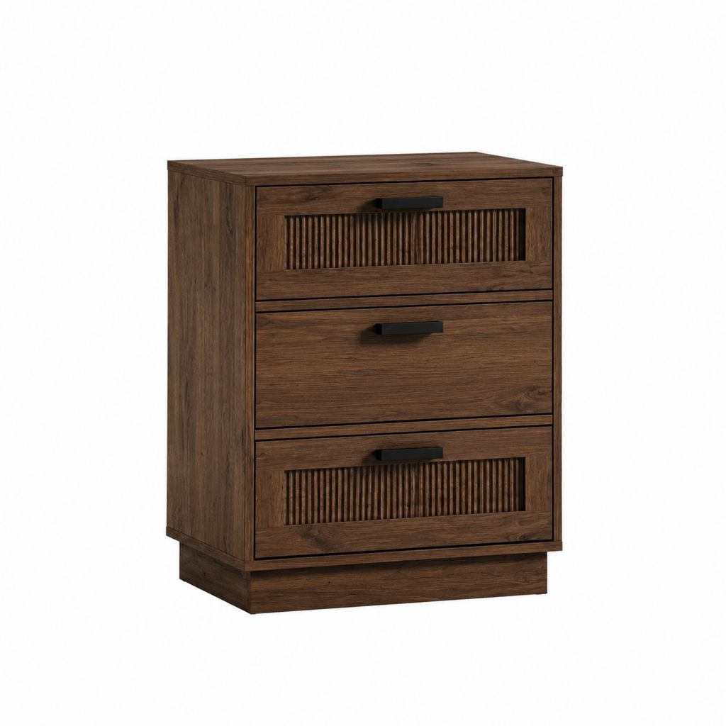 Commode haute 3 tiroirs brun noyer en panneaux de particules rectangulaire 60 x 40 x 80 cm