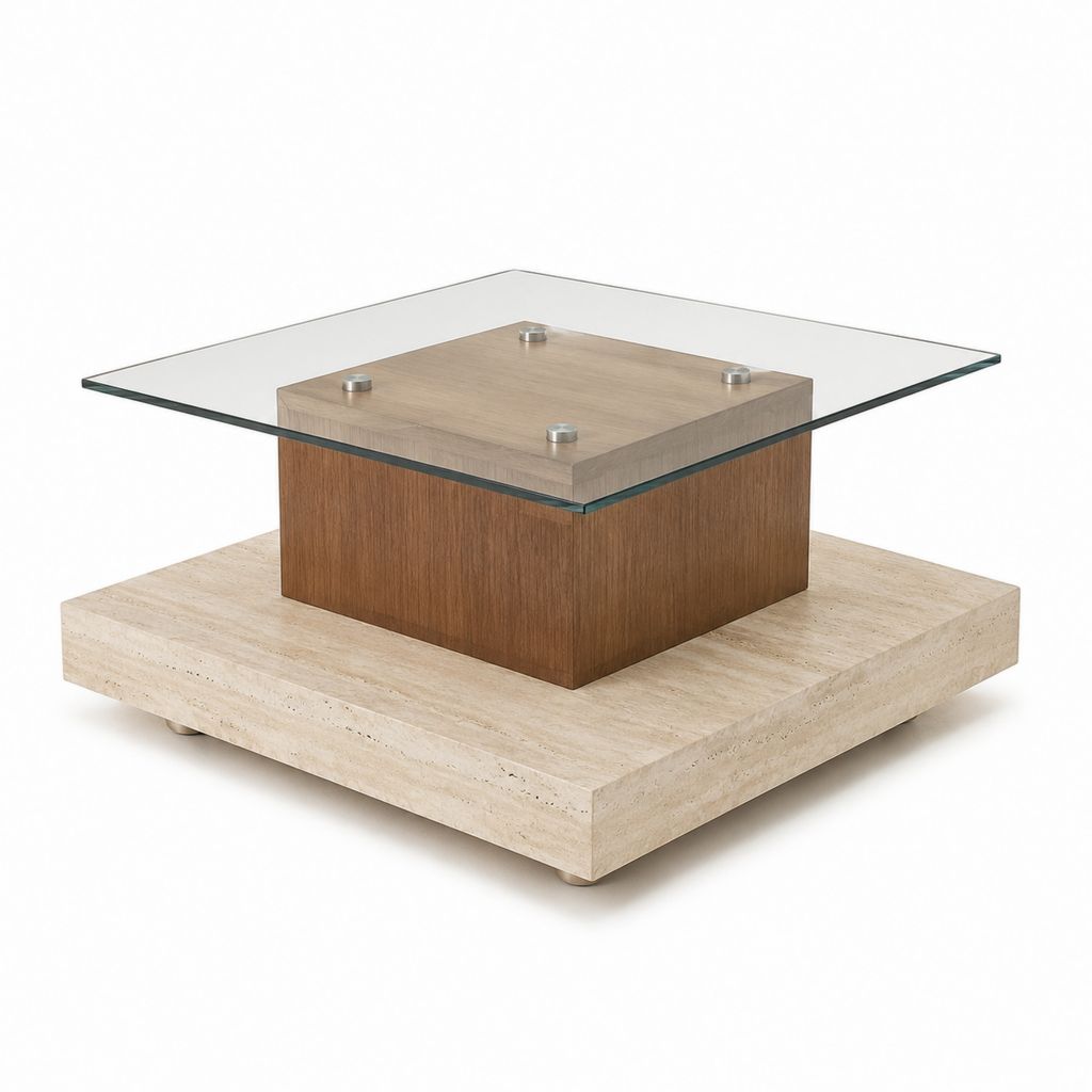 Table basse carrée en verre trempé travertin et MDF plaqué noyer 100 x 100 x 40 cm