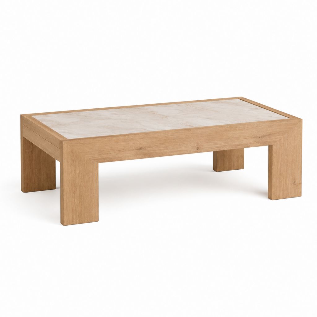 Table basse rectangulaire chêne clair et décor marbre en MDF 120 x 60 x 45 cm
