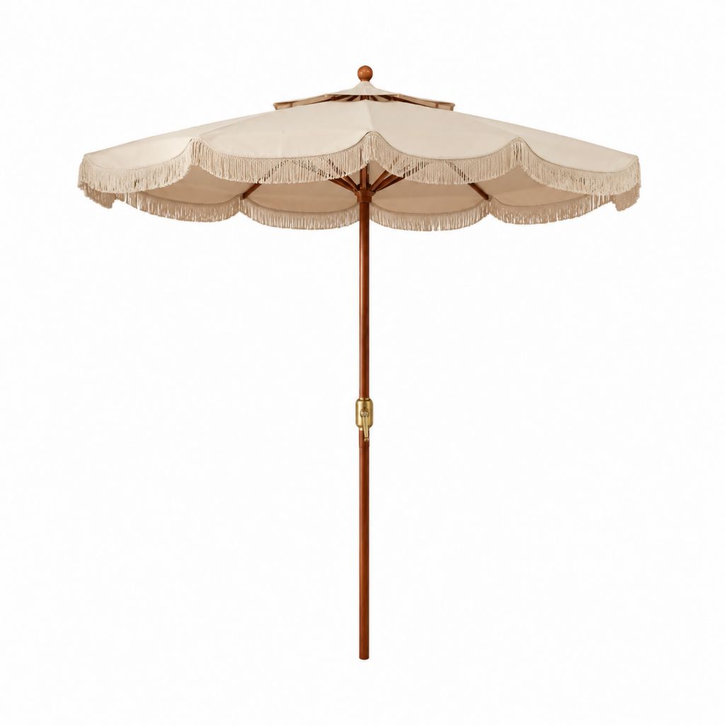 Parasol de jardin rond beige en bois massif et polyester diamètre 300 cm hauteur 250 cm