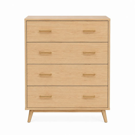 Commode haute 4 tiroirs chêne clair en MDF plaqué chêne rectangulaire 90 x 45 x 120 cm