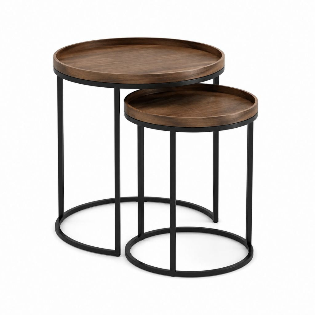 Set de 2 tables basses rondes marron et noir en MDF plaqué noyer et acier 60 x 60 cm et 45 x 50 cm