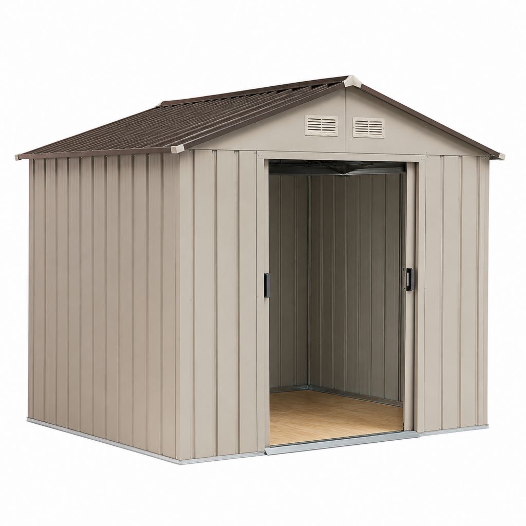 Abri de jardin en acier galvanisé beige taupe rectangulaire avec portes coulissantes 257 x 205 x 202 cm
