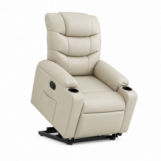Fauteuil relax inclinable manuel beige en cuir synthétique PU avec porte-gobelets 95 x 88 x 103 cm