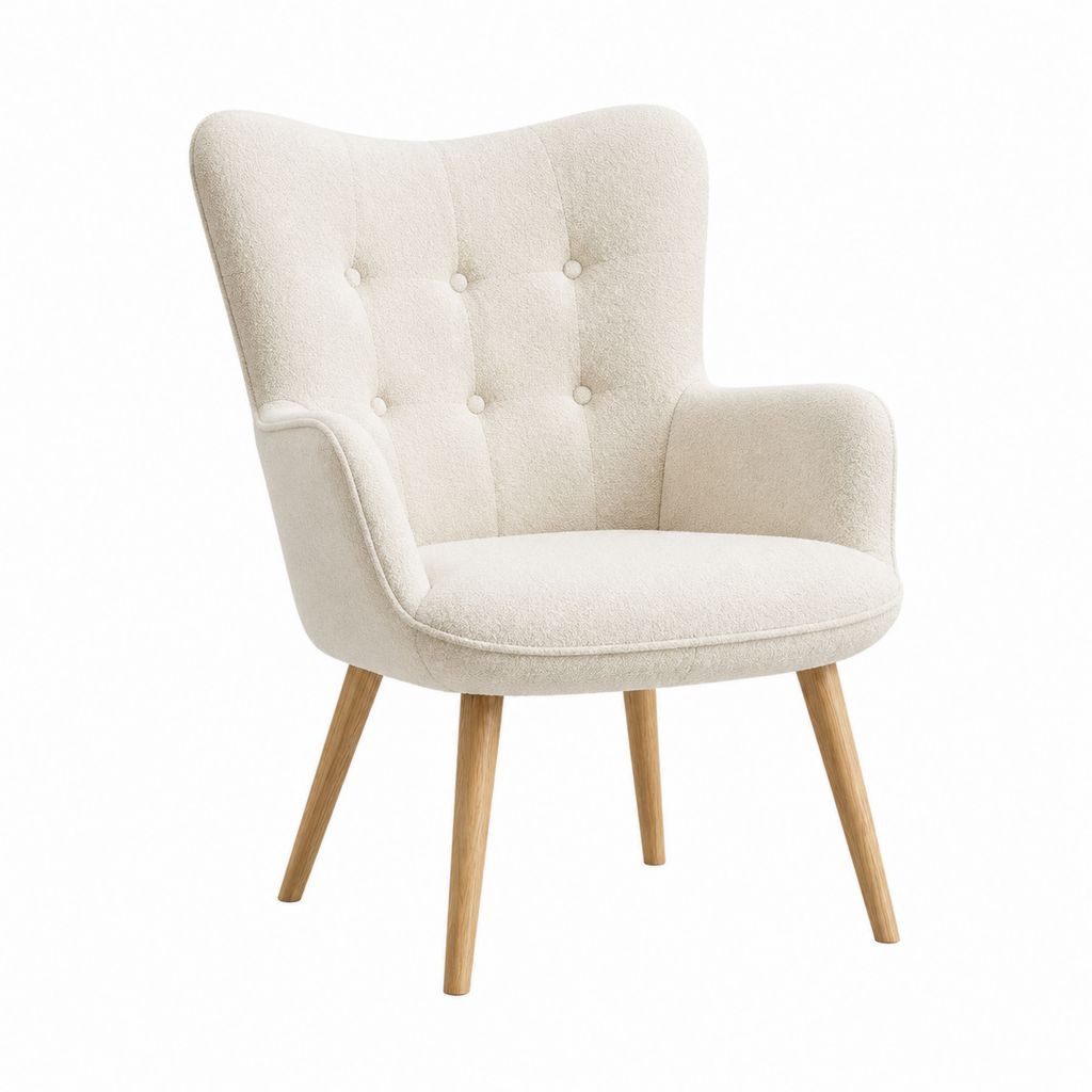 Fauteuil à oreilles crème en bouclette polyester avec pieds en hêtre massif 75 x 78 x 96 cm