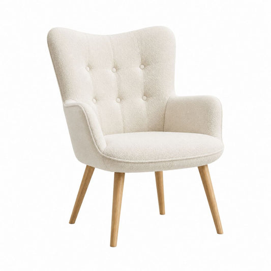 Fauteuil à oreilles crème en bouclette polyester avec pieds en hêtre massif 75 x 78 x 96 cm