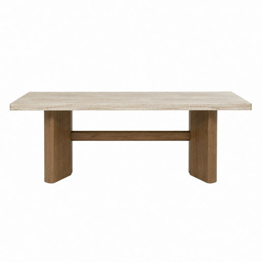Table de jardin rectangulaire beige en pierre frittée et bois d'acacia 220 x 100 x 75 cm