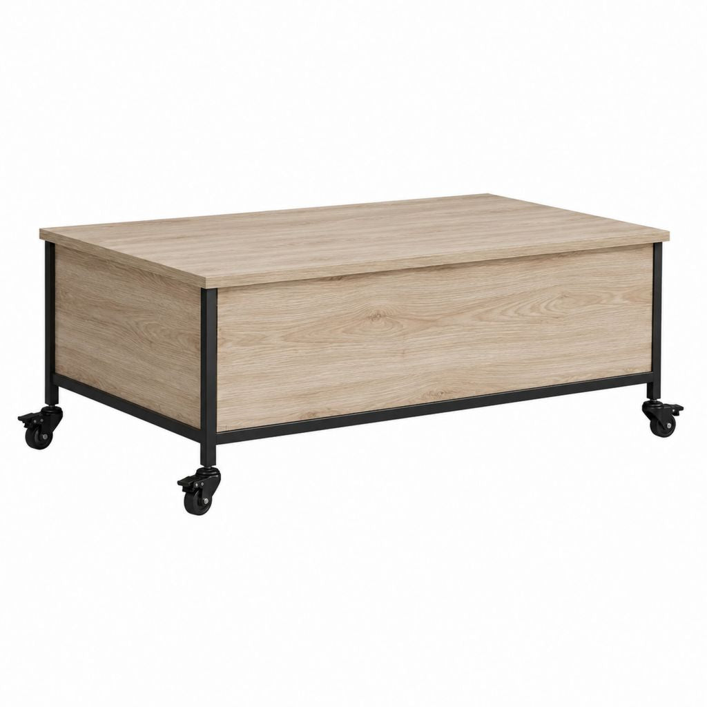 Table basse rectangulaire coffre à roulettes chêne clair en panneaux MDF 100 x 60 x 45 cm