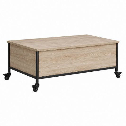 Table basse rectangulaire coffre à roulettes chêne clair en panneaux MDF 100 x 60 x 45 cm