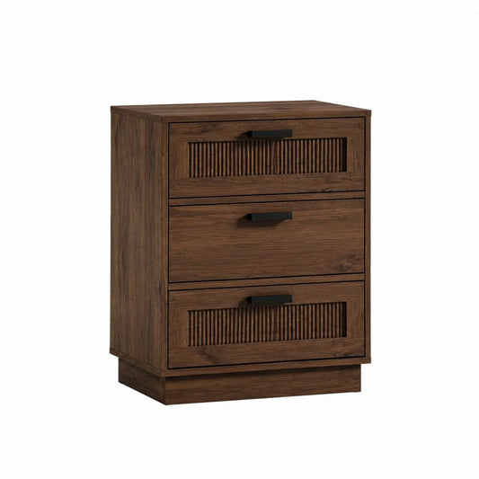 Commode haute 3 tiroirs brun noyer en panneaux de particules rectangulaire 60 x 40 x 80 cm