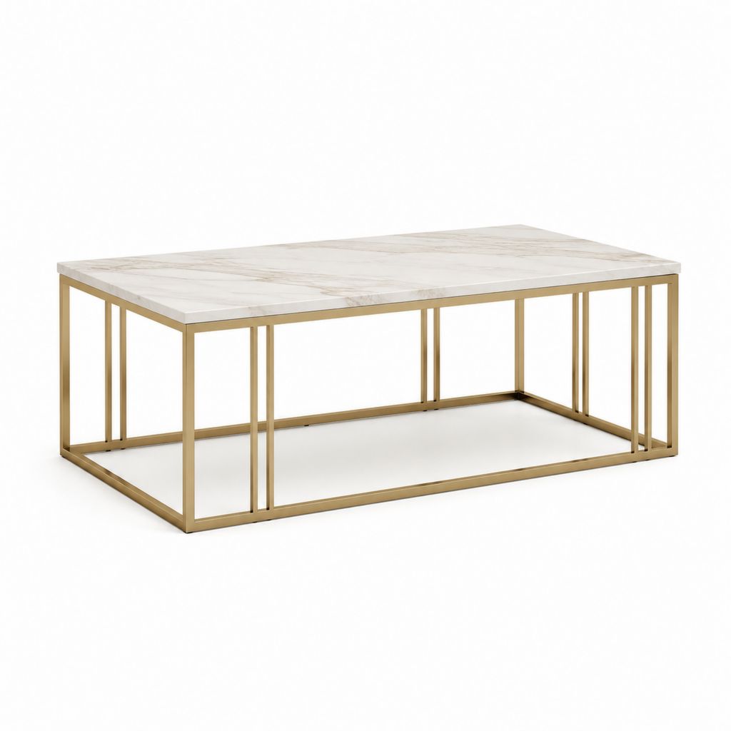 Table basse rectangulaire blanche effet marbre en MDF et acier doré 120 x 60 x 45 cm