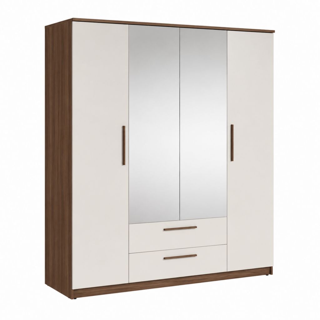 Armoire 4 portes avec miroirs blanc et noyer en panneaux de particules 180 x 52 x 200 cm