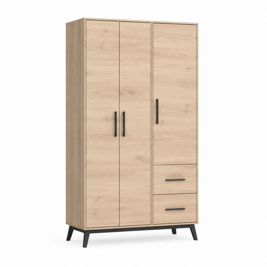 Armoire de chambre rectangulaire 3 portes 2 tiroirs chêne clair en panneaux de particules 100 x 52 x 200 cm