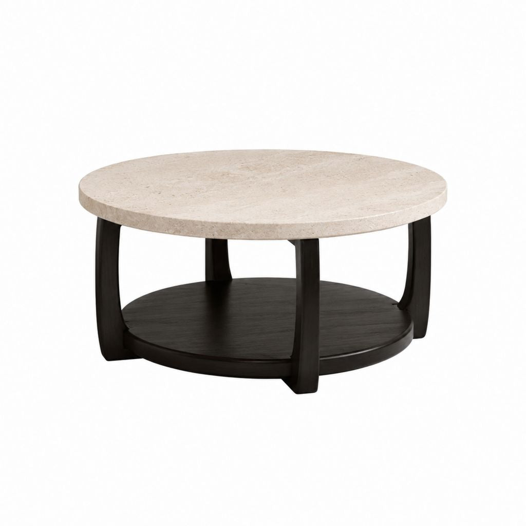 Table basse ronde beige et noir en travertin et bois massif Ø 90 cm x H 45 cm