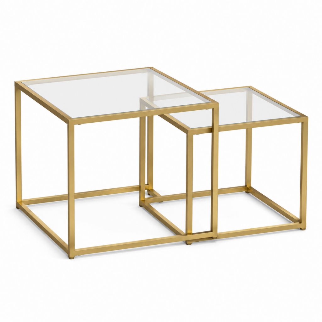 Tables basses gigognes carrées dorées en acier inoxydable et verre trempé 50 x 50 x 50 cm et 45 x 45 x 45 cm