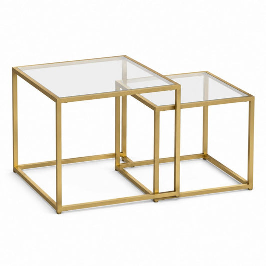 Tables basses gigognes carrées dorées en acier inoxydable et verre trempé 50 x 50 x 50 cm et 45 x 45 x 45 cm