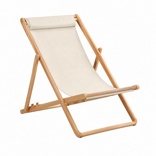Chilienne de jardin pliante beige en hêtre massif et toile polyester 98 x 57 x 85 cm